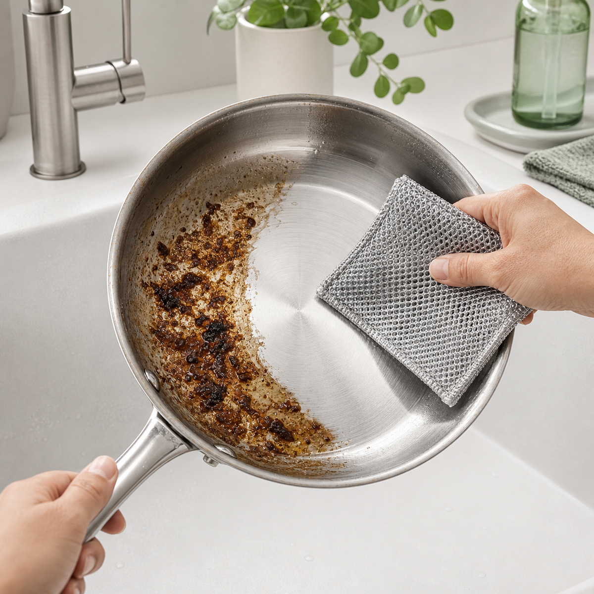 PanPure non-scratch scrubber before and after cookware cleaning