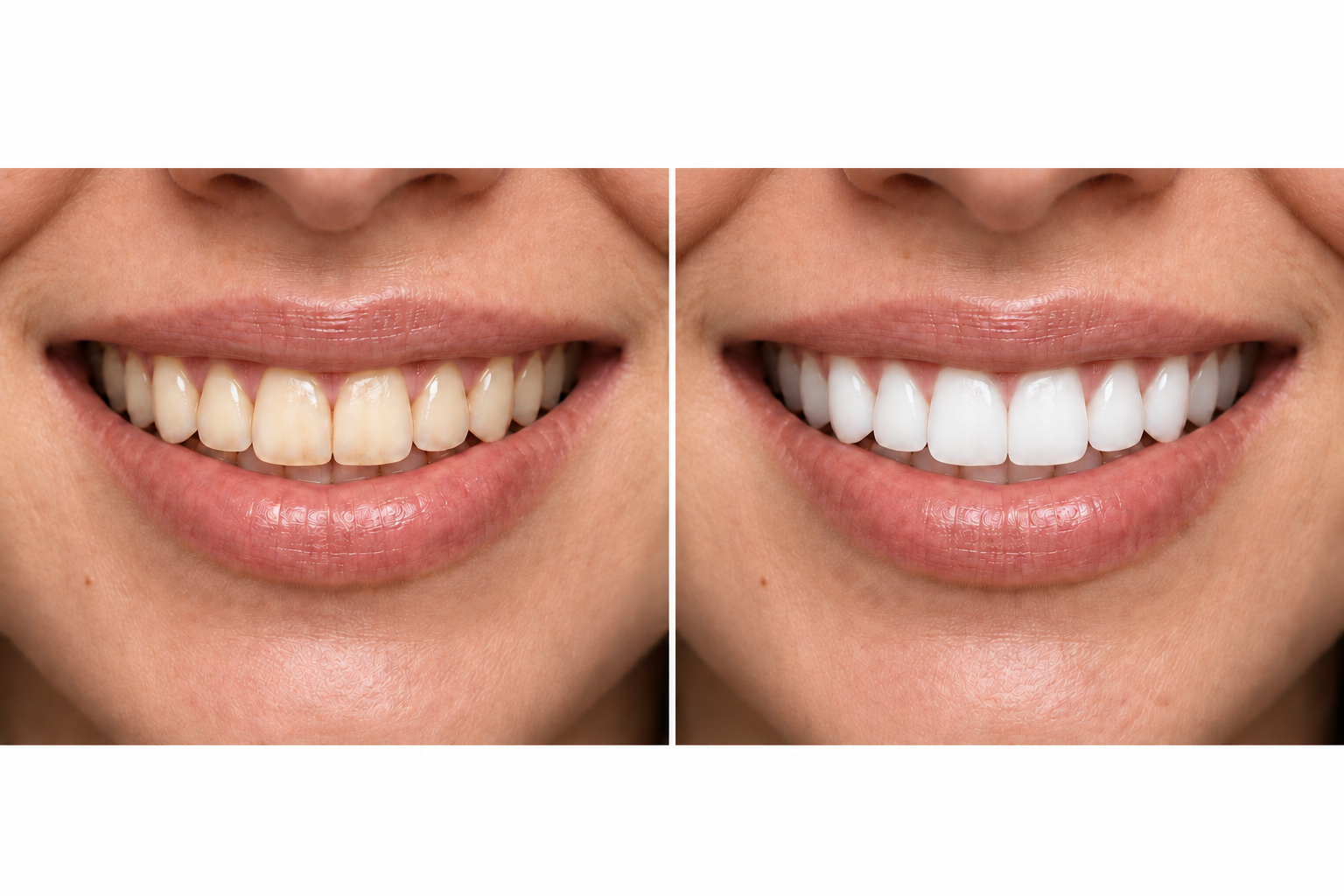 Illustrative color comparison of the same smile with warmer and lighter tooth shades; not actual product results.