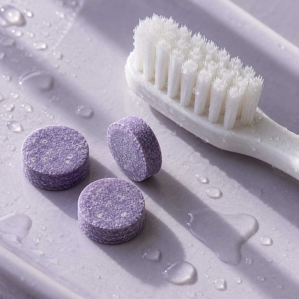 Close-up of purple toothpaste tablets beside a white toothbrush