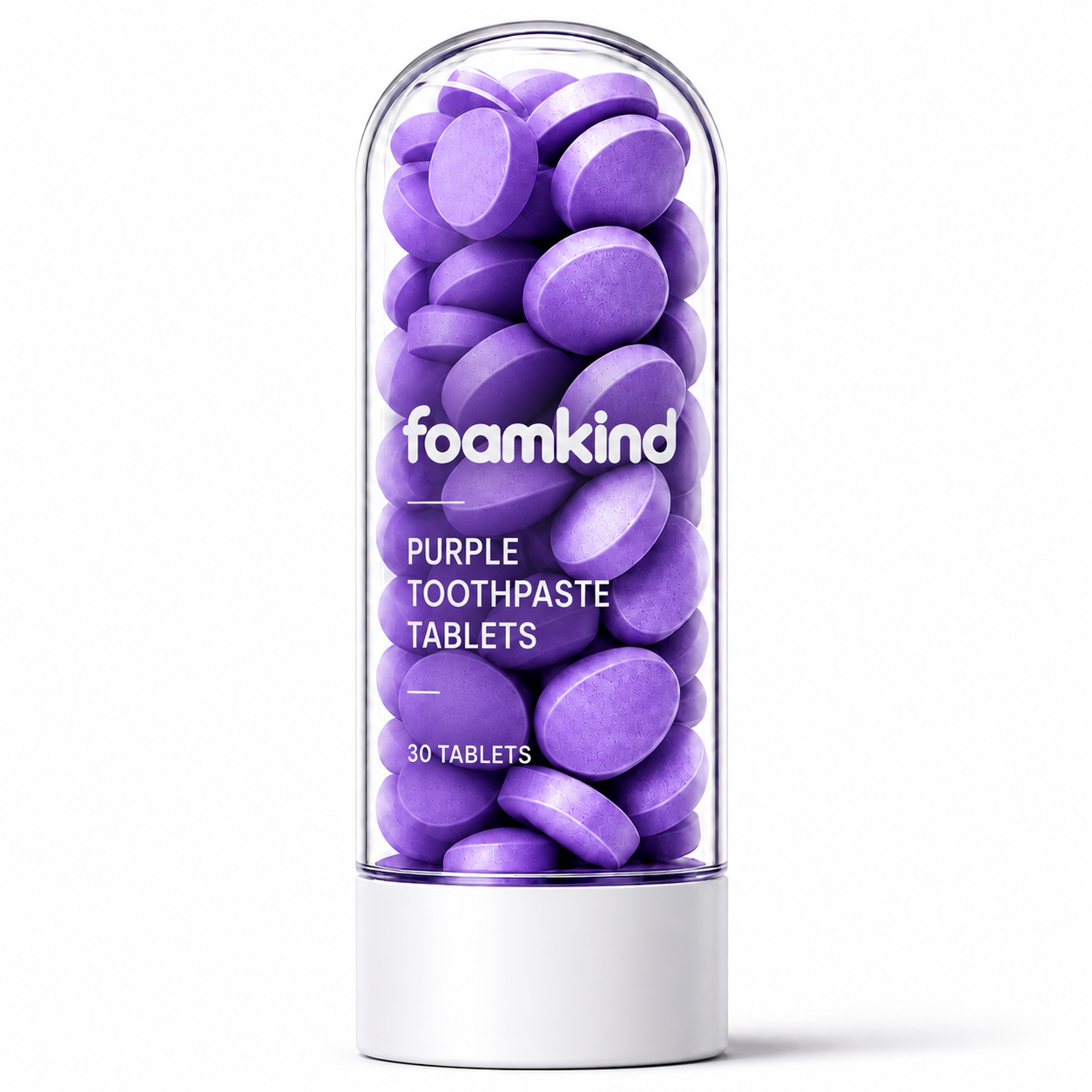 Foamkind purple toothpaste tablets in a clear domed bottle with a white base